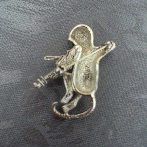 Silver Monkey playing Violin Brooch Pin with black & crystal rhinestone, fashion - Picture 8 of 8